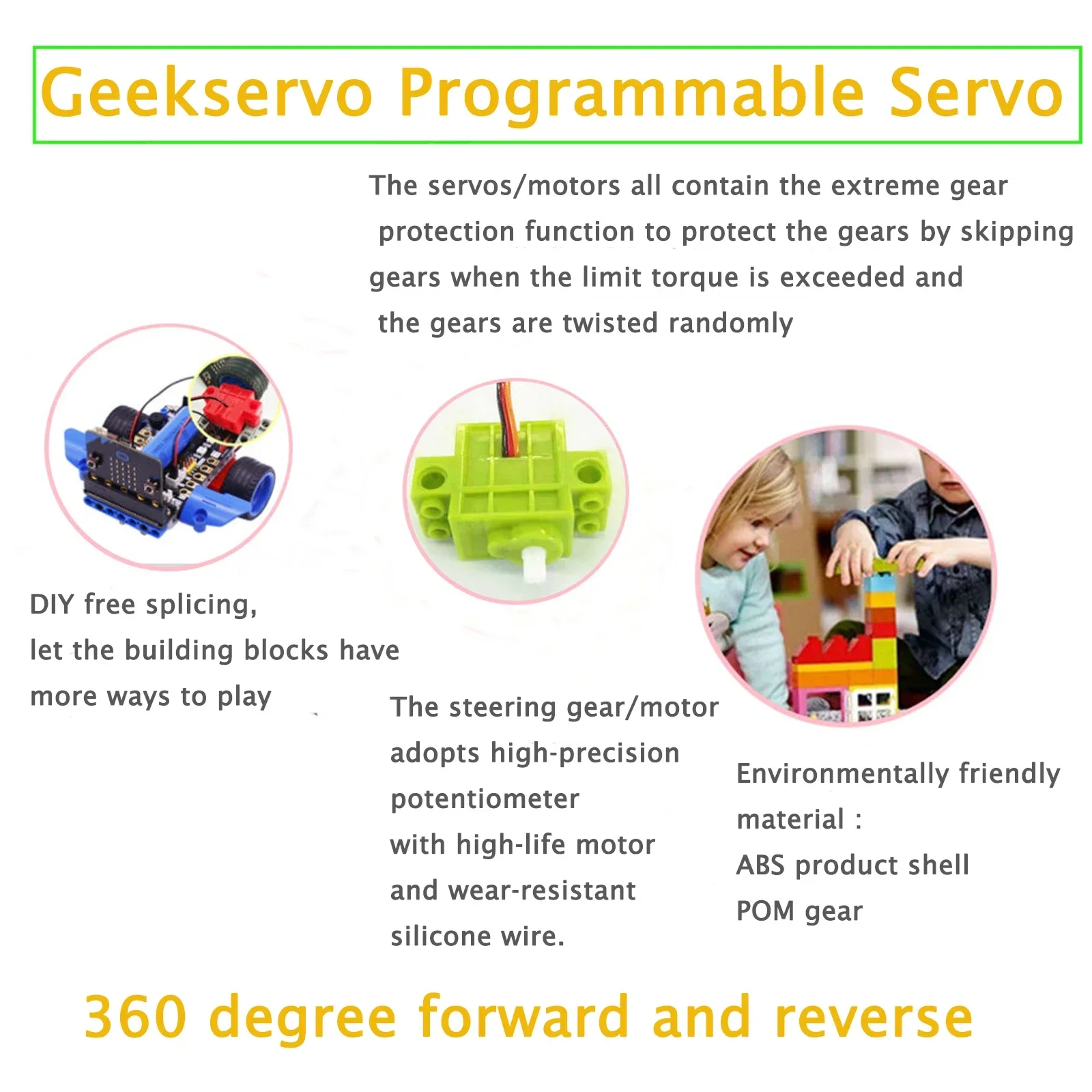 4Pcs/Lot Geekservo 360° Continuous Rotation Programmable Servo Motor for Legoeds Microbit Building Bricks Robot Smart Car