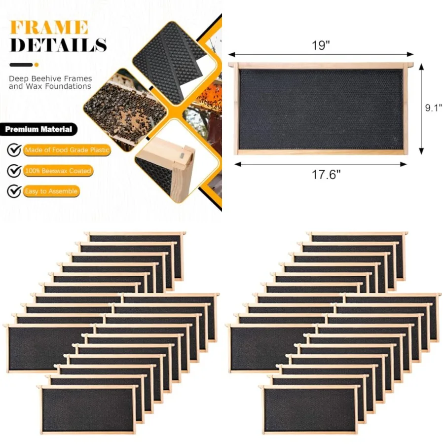 

20 Pack Beehive Frames and Waxed Foundations for Deep Brood Bee Hives with Wooden Bee Hive Frames and Beeswax Coated Foundations, 9-1/8-Inch (Black)