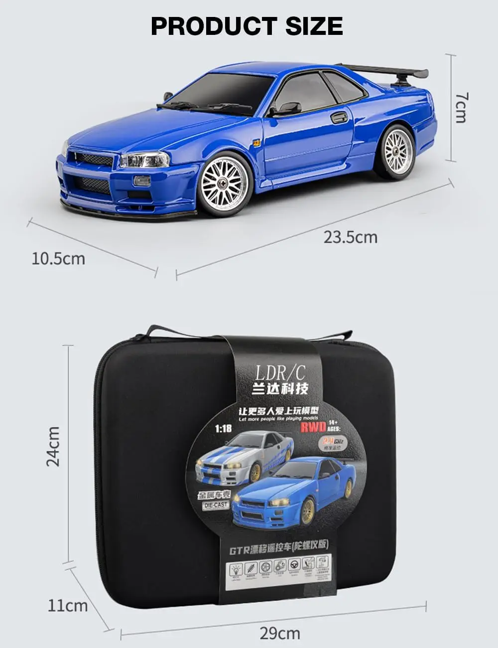 1/18 Scale Remote Control Drift Car, 2.4GHz RWD Mini Model Vehicle with Gyro Stabilizer, Alloy Body Shell Racing Car for Adult Hobbyists, GTR R34 Style (Silver-Blue) - view 6