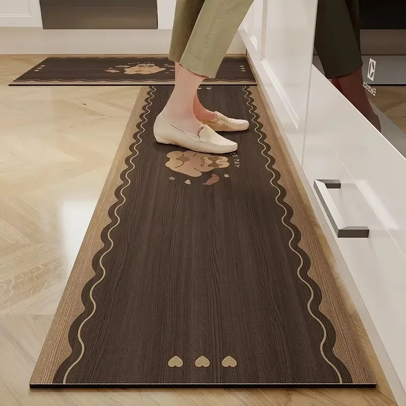 Kitchen Floor Mat Waterproof Non-slip Washable Carpets Pvc Leather Long Size Foot Mats Cartoon Wood Grain Home Decoration Rugs