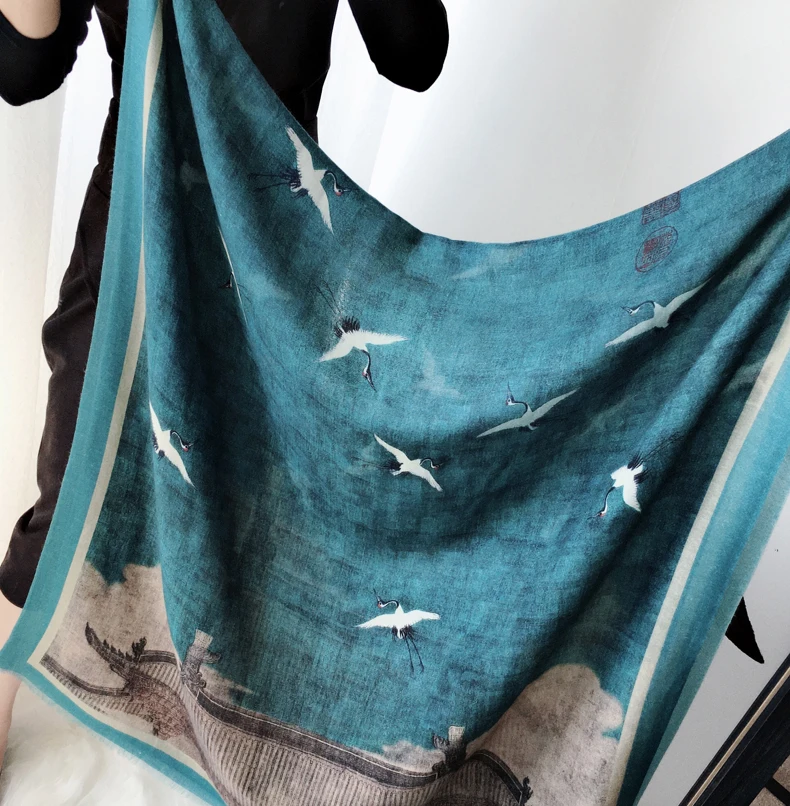 

Blue Long Tassel Cashmere 100% Pashmina Women Warm Soft Scarf Big Shawls and Wraps Stole Cape Gift Decoration Accessories crane