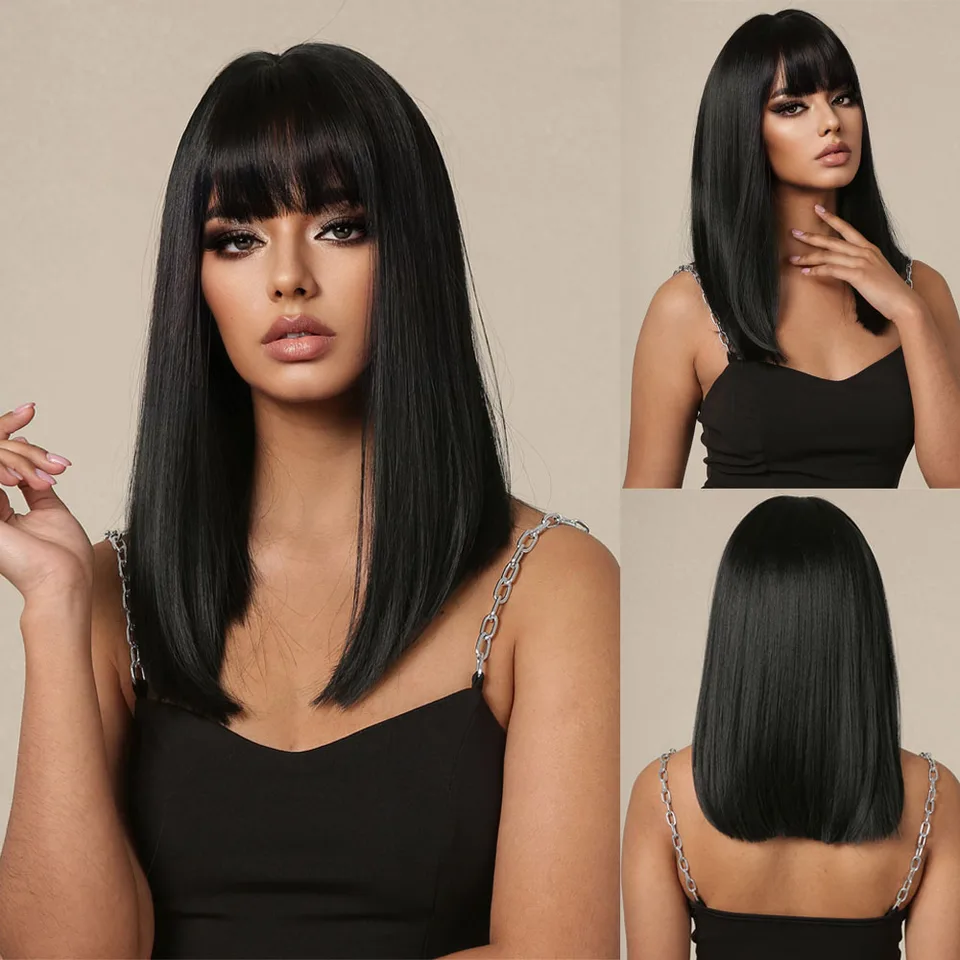 ? Women Black Shoulder Bob Wigs Straight Bangs Fiber Synthetic Hair Natural Synthetic Hair Short Bob Wig Straight Black Wig Full Bangs  main image 4