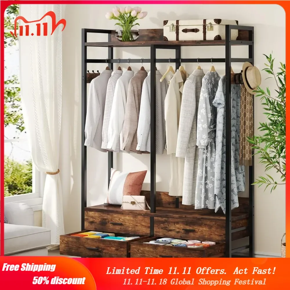 

Freestanding Closet Organizer for Hanging Clothes, Heavy Duty Garment Rack with 4 Drawers, 8 Hooks and Storage Shelves