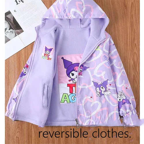 Kuromi Sanrio Kids Spring Jackets Anime Thicken Warm Coat Cartoon Long Sleeve Hoodie Cute Cardigan Outdoor Jackets Girl Gift