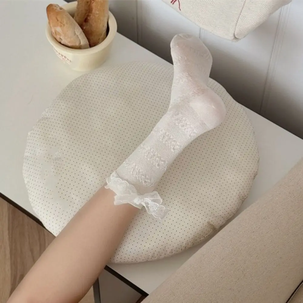 3 пары однотонных кружевных носков с рюшами и бантом, тонкие дышащие носки средней длины, женские чулочно-носочные изделия, милые носки в стиле Лолиты для женщин и девочек