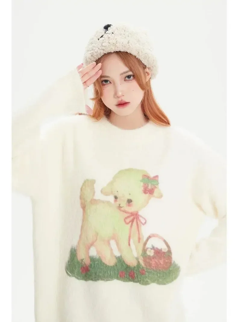 Kimotimo Cute Cartoon Lamb Jacquard Sweater Women Autumn Winter Round Neck Soft Y2k Pullover Preppy Style Loose Knitwear Tops