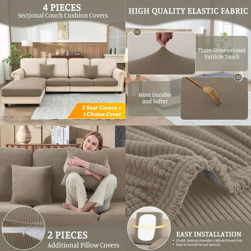 Zmywalny 4-częściowy pokrowiec na sofę w kształcie litery L z poszewkami na poduszki, khaki