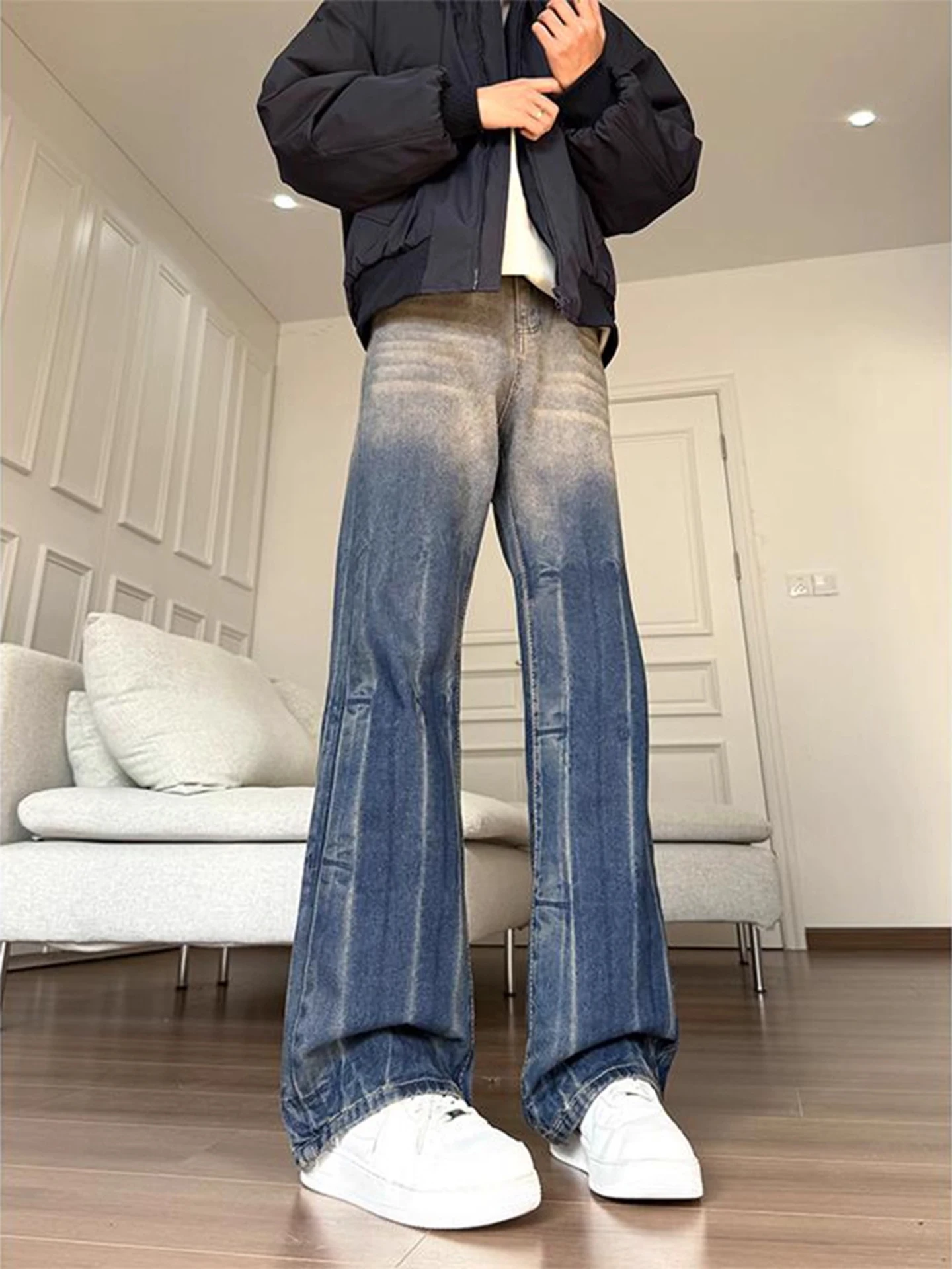 

Retro Blue adient Knife Men's Jeans High Waist Straight Leg Slimming High Street Vibe Capri Pants Casual Denim Jeans
