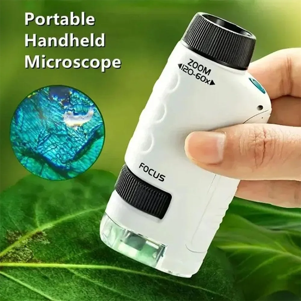 Kids Science Microscope Toy 60-120x With LED Light Outdoor Mini Pocket Handheld Microscope Science Experiment Equipment