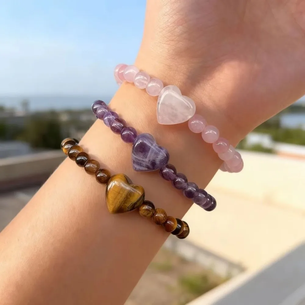 Natural Stone Beaded Bracelet Heart Handmade Strand Bracelets Yellow Tiger Eye Unakite Pink Quartz Couple Bracelet Women Lovers
