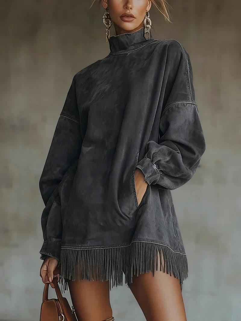 New High Collar Long Sleeve Suede Dress with Pockets Loose Fit Midi Skirt Street Style Pure Color Winter Collection