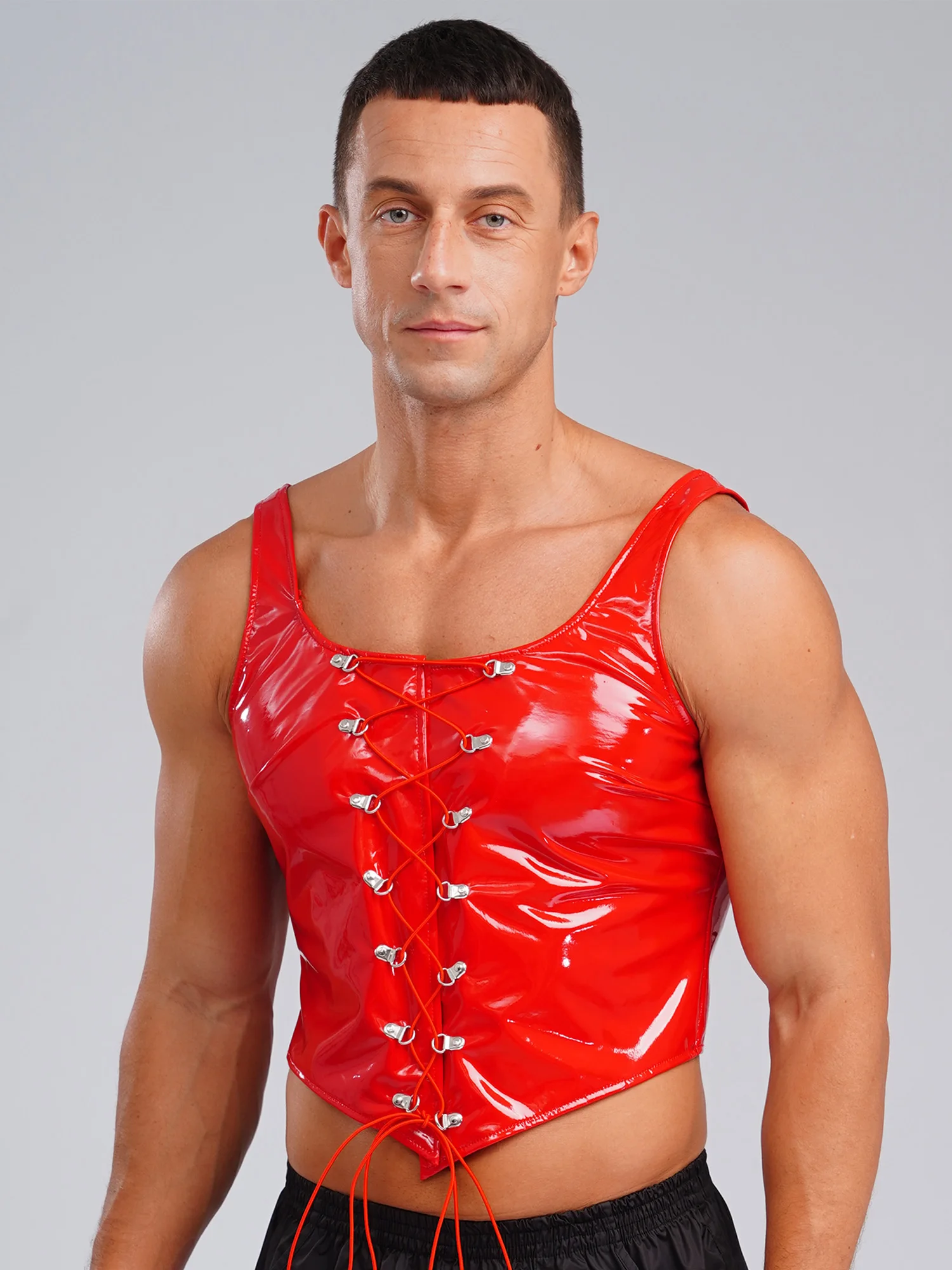 Atasan Rompi Potong Hem Tidak Beraturan Ritsleting Belakang Berenda Dapat Disesuaikan Tanpa Lengan Kulit Paten Tampilan Basah Pria untuk Klub Malam Pesta