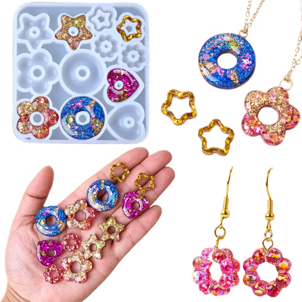 Multifuntional Jewelry Silicone Mold DIY Handmade Heart Star Flower Earrings Pendant Keychain Epoxy Resin Craft Casting Molds - view 2