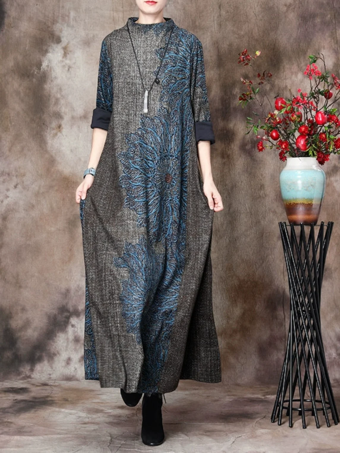 

Высококачественное длинное платье миди с принтом в стиле ретро, большие размеры, женское модное трапециевидное платье, облегающее осеннее платье для поездок на работу