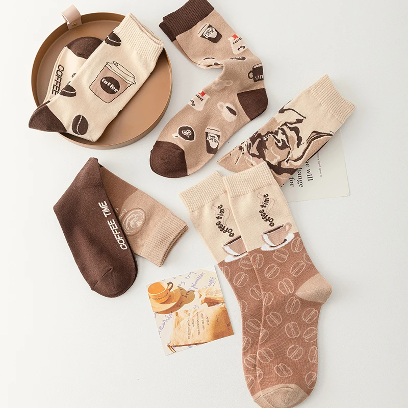 Spring Autumn Cute Women Crew Socks Kawaii Cartoon Coffee Cup Coffee Bean Print Letter Harajuku Casual Female Mid Tube Socks Sox