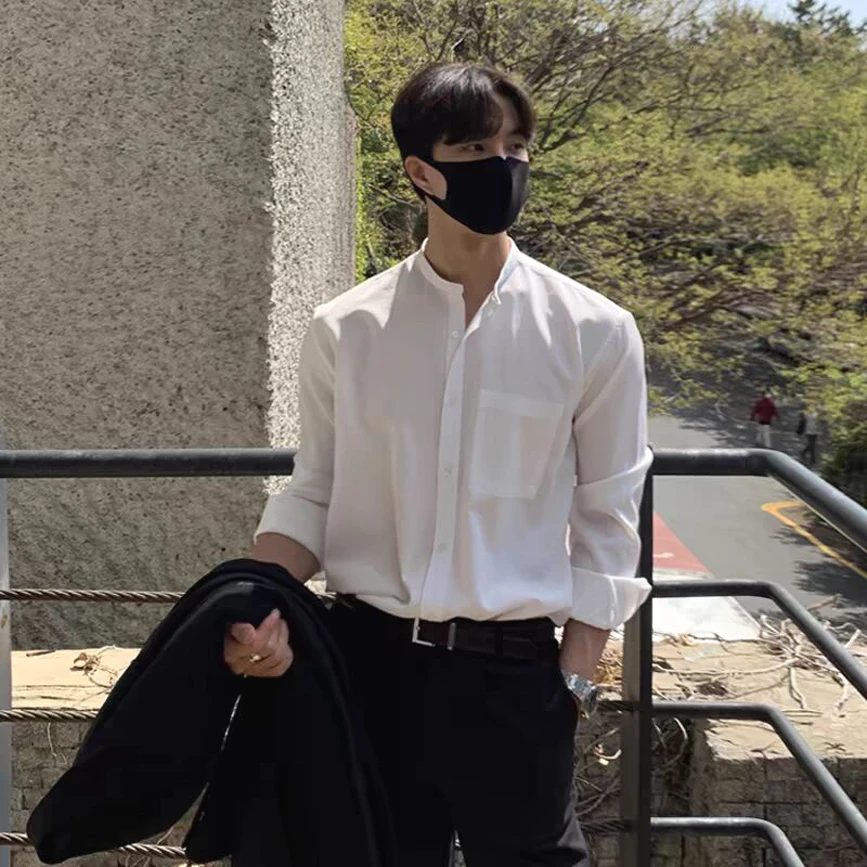 

Korean Style Luxury Cotton Linen Pleated Shirt Men's Stand Collar Slim Fit Long Sleeve Artistic Personality Linen Breathable ...