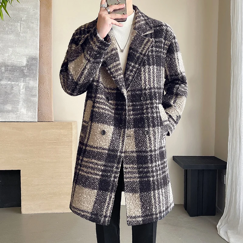 PFHQ Winter Cotton Thickened Medium Long Plaid Men Woolen Coat 2024 Long Sleeve Single Breast Male Tops Korea Fashion 21Z6551