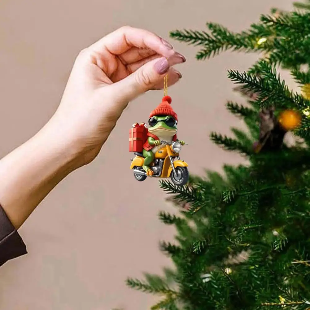 Christmas Tree Frog Ornament Riding Motorcycle Santa Hat Frog Xmas Tree Hanging Decoration Cartoon Acrylic Pendant For Tree