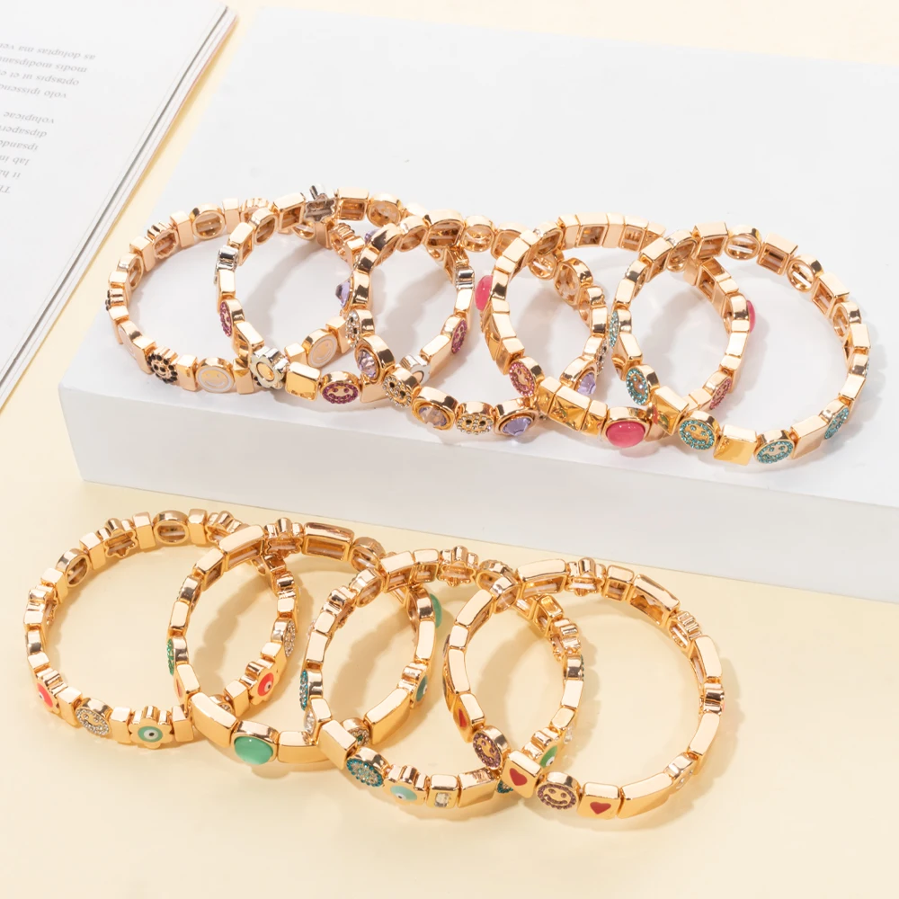 2024 New Fashion Gold Color Enamel Bracelets For Women Happy Face Heart Charm Beaded Hand Accessory