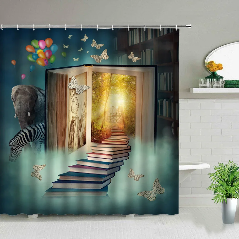 Fairy Tale Dream Forest Shower Curtain Magic Book Tree Flower Plant Mushroom Scenery Bathroom Screen Bathtub Decor Cloth Curtain