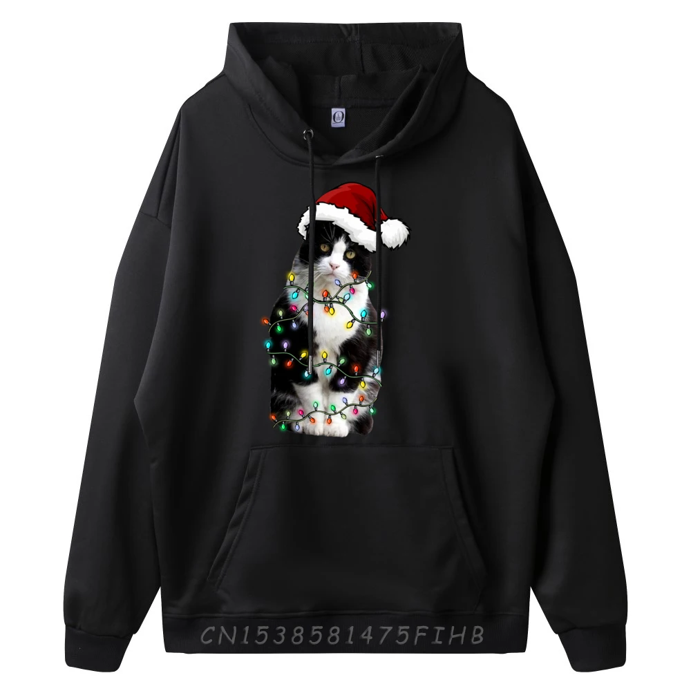 Cute Tuxedo Black Cat Christmas Light Cat Christmas Pajama Graphic Shirts Men Oversized Hoodies Men
