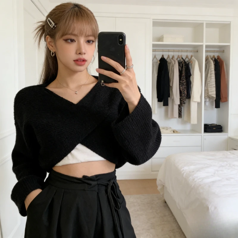 

Корейский стиль, весенний вязаный укороченный свитер, женский пуловер с длинным рукавом, зимний унисекс-свитер с асимметричным кроем, уличный стиль