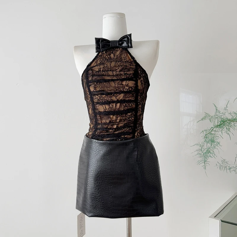 

Halter Sleeveless Mini Dress Women 2025 New Korean Fashion Lace Short Dress Female Bodycon Dress Evening Party Women Outfits