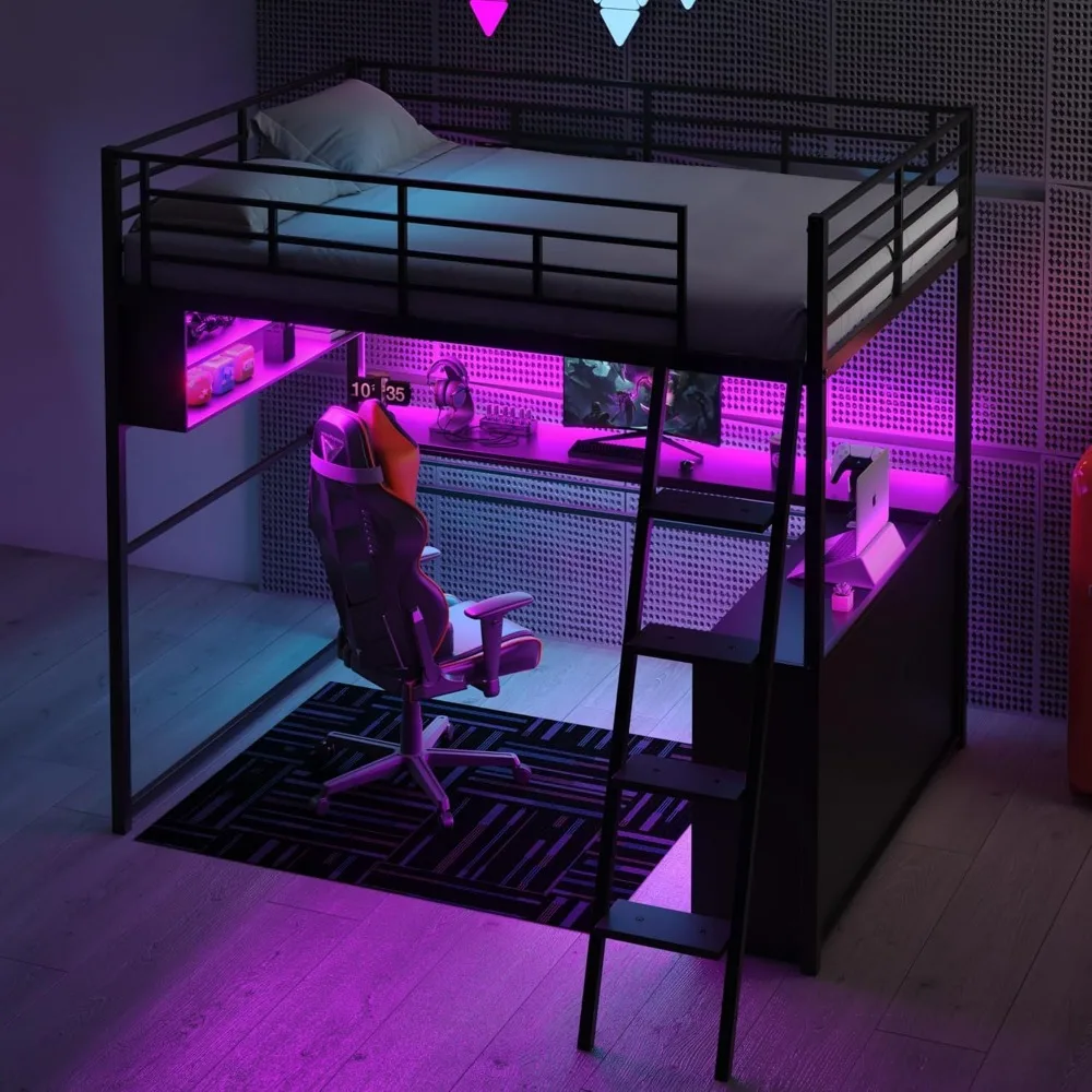 Cama alta totalmente metálica con escritorio y luces LED, cama alta de tamaño completo con escritorio en forma de L y estantes de almacenamiento para adolescentes y adultos, color negro