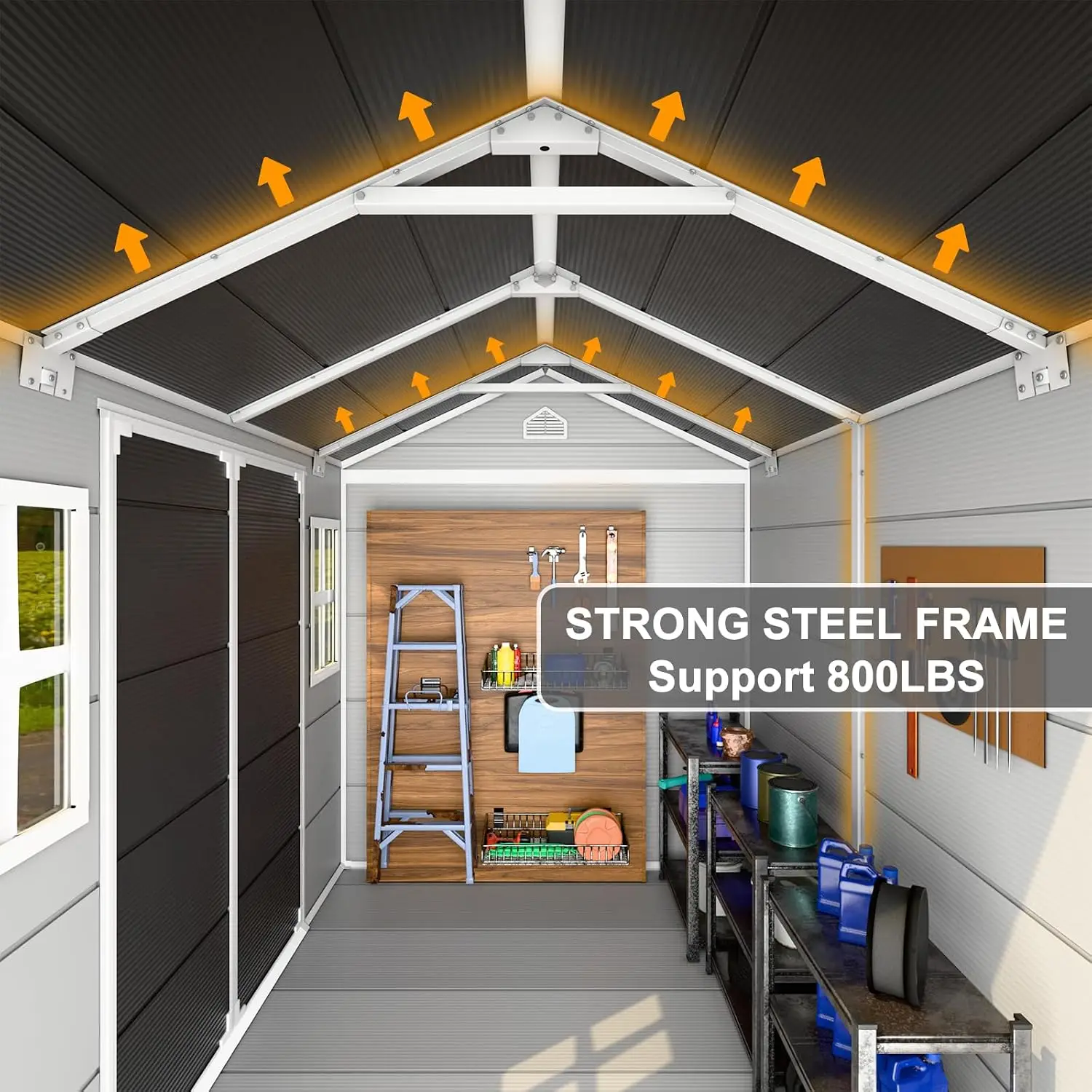 Resin Storage Shed 8x6x7 FT Floor 2 Windows Reinforced Waterproof Plastic Garden Kit Backyard Patio Lawn Tools Gray, Customized
