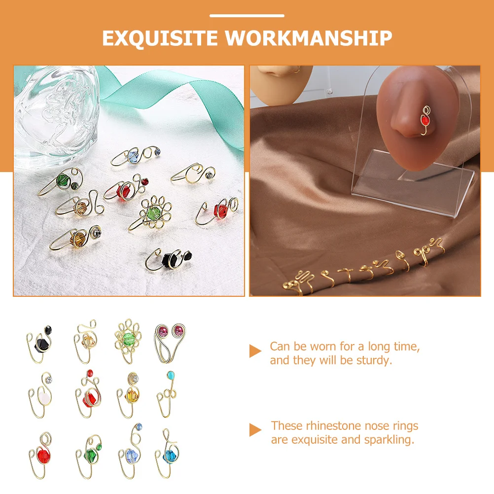 

12Pcs Nose Cuffs for Women Elegant Rhinestone Fake Nose Ring No Pain Adjustable Size Festival Party Gift Jewelry