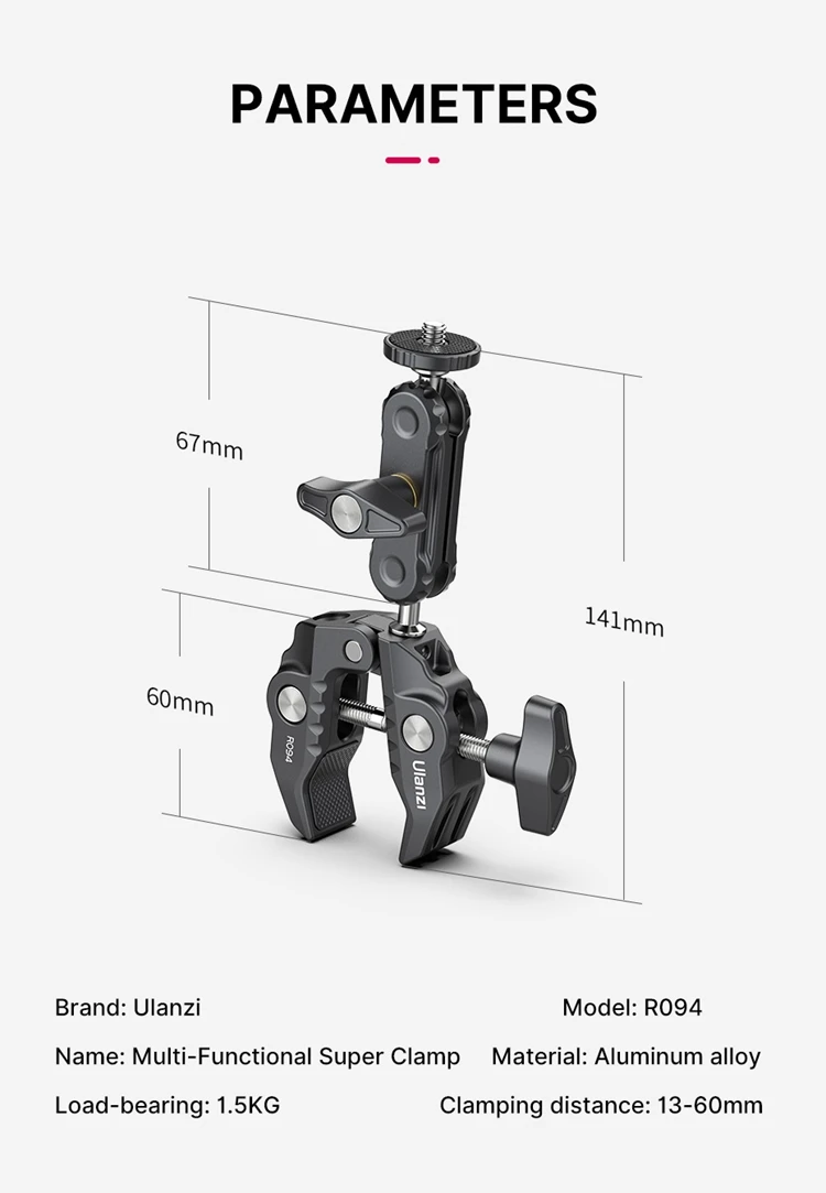Supporto A Morsetto Magic Arm Per Fotocamera E Monitor – Testa A Doppia Sfera 360° Con Filetti 1/4'' E 3/8'' - 2