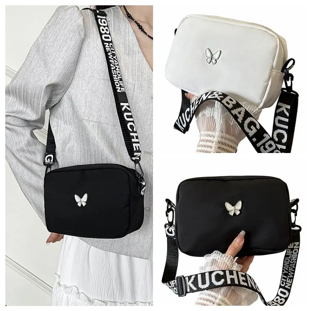 Gift Nylon Shoulder Bag Butterly Black&white Crossbody Bag Trend Wide Belt Messenger Bag