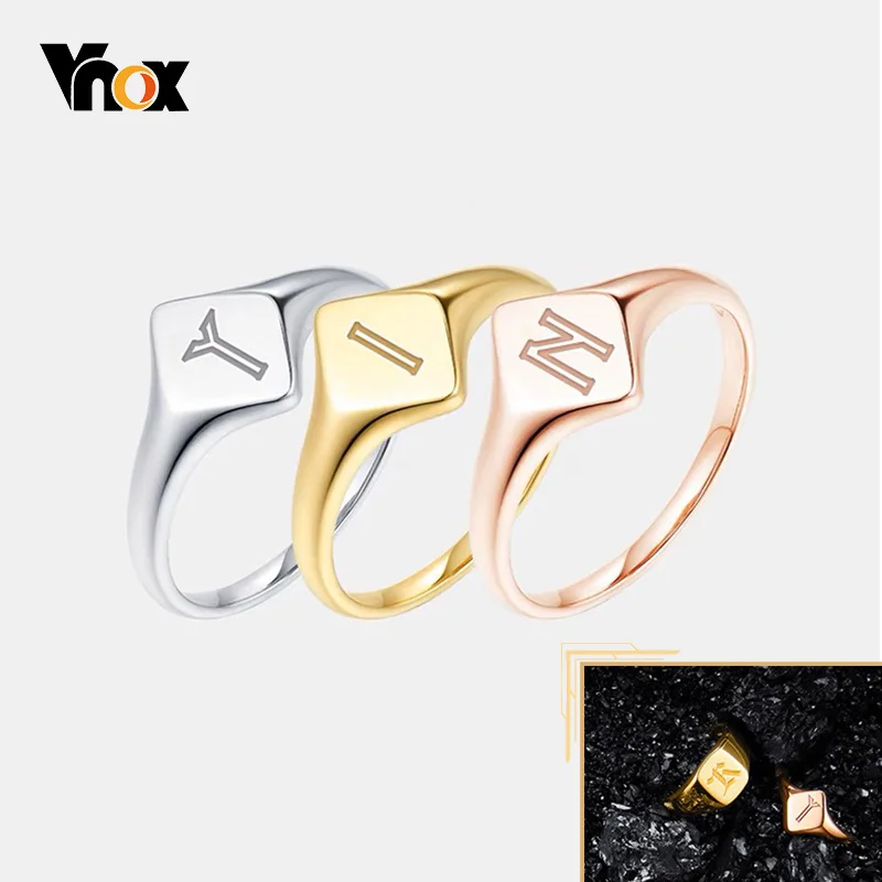 Vnox Custom Engrave Signet Rings for Women, Chic Geometric Female Finger Bands Accessory, Anti Allergy Stainless Steel Jewelry