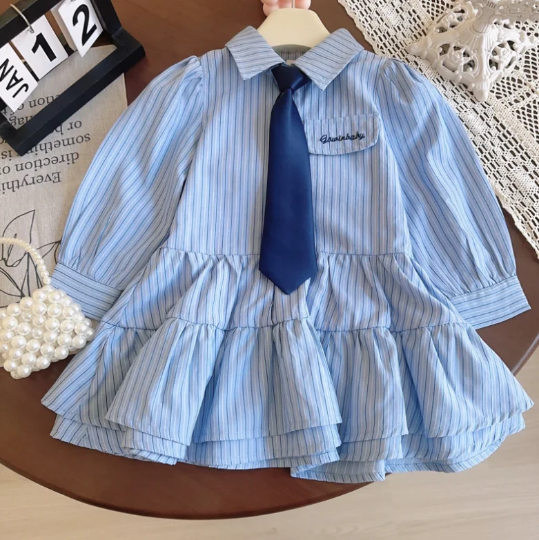 Retail Baby Girls Striped Blue Long Sleeve Dress, Princess Kids Fashion Clothing 2-7T