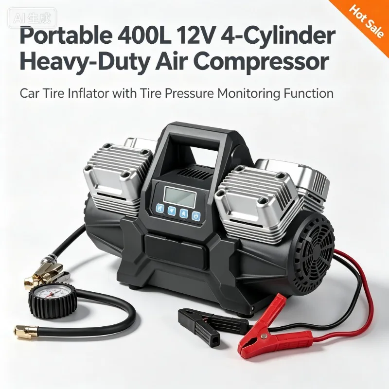 Portable 400L 12V 4-Cylinder Heavy-Duty Air Compressor, Car Tire Inflator with Tire Pressure Monitoring Function