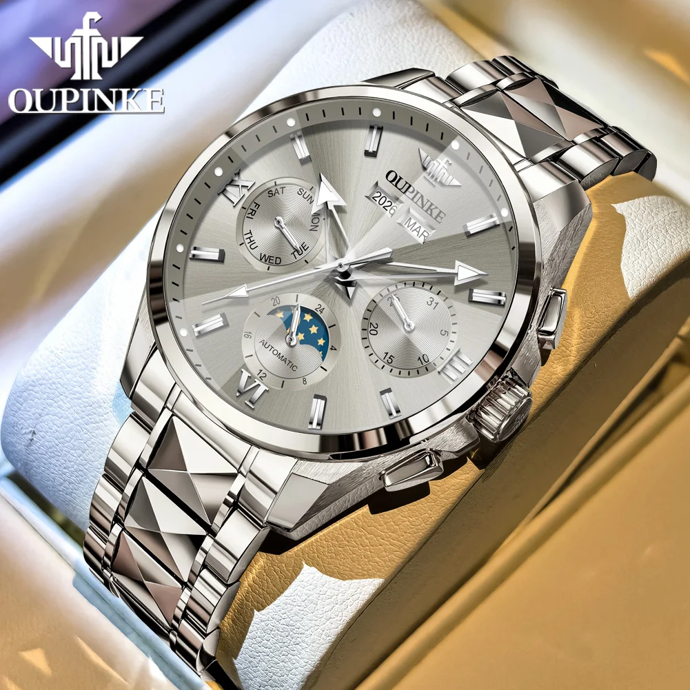 OUPINKE Luxe heren automatisch mechanisch polshorloge Zakelijk Waterdicht Maanfase Datum Week Reloj Mecánico Hombre 시계 남성용 3325