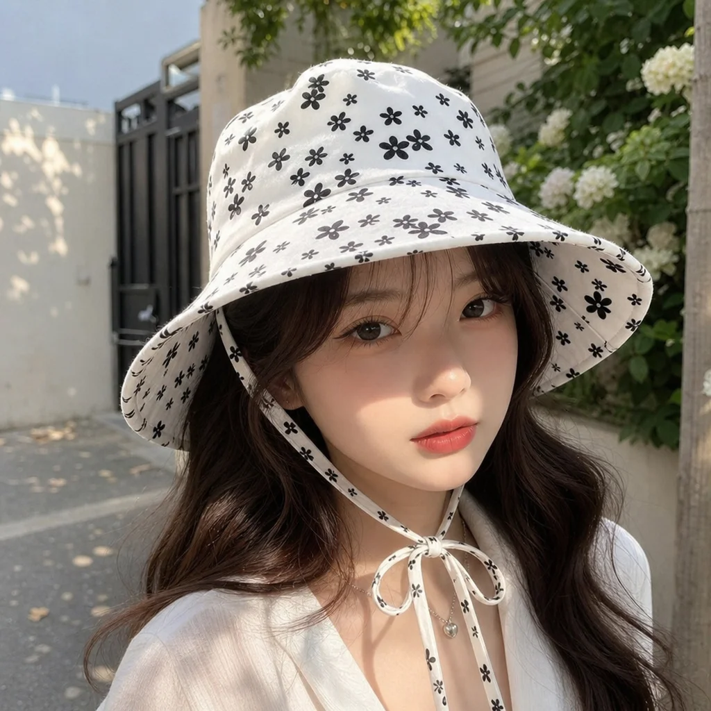 Korean Style Floral Print Bucket Hat for Women Summer Fresh and Sweet Sun Hat Daily Wear Beach Vacation Accessories