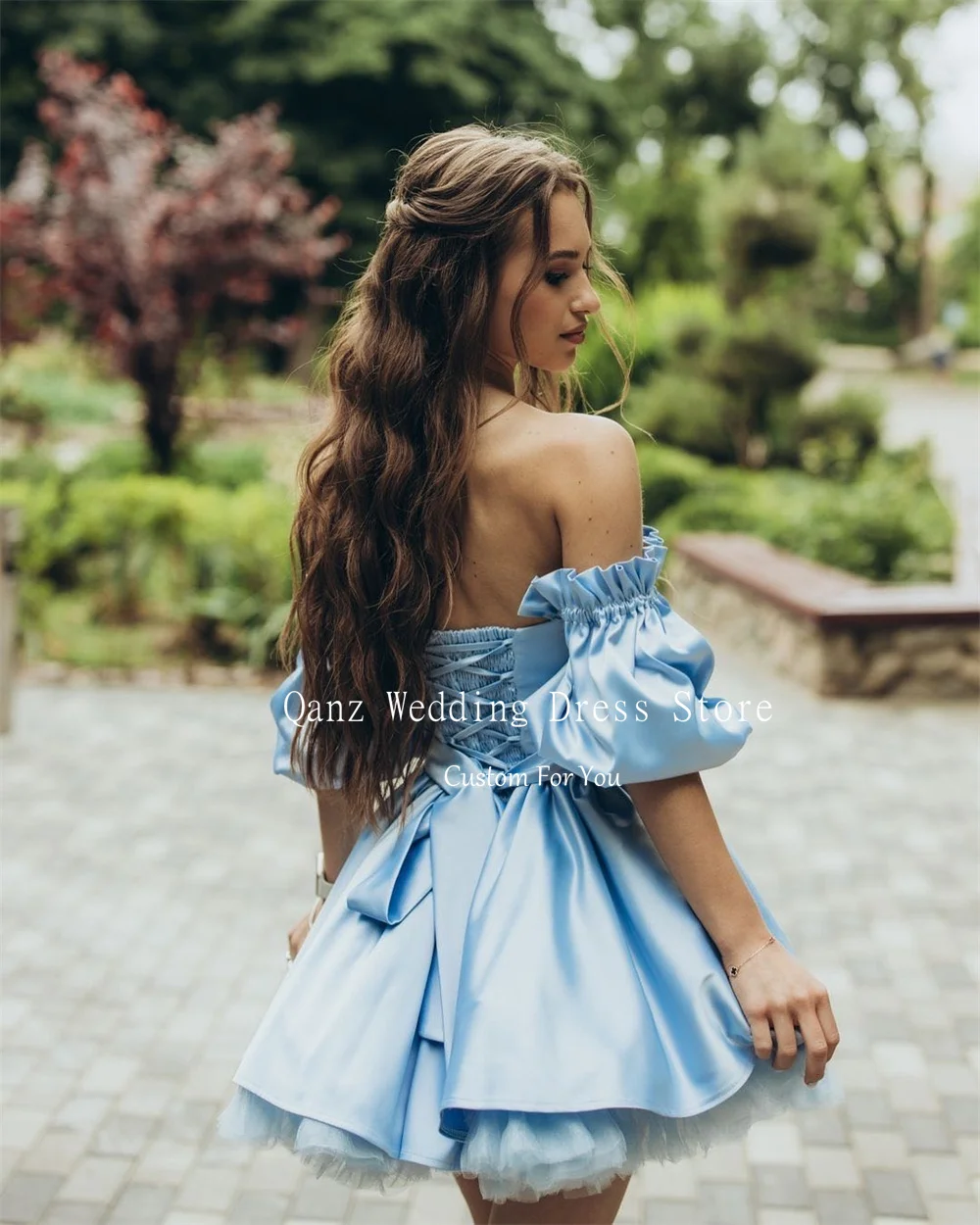 Qanz Customized Blue Vestidos De Fiesta Puff Sleeves Short A Line Lace Up Back Vestidos De Graduación Birthday Party Dresses