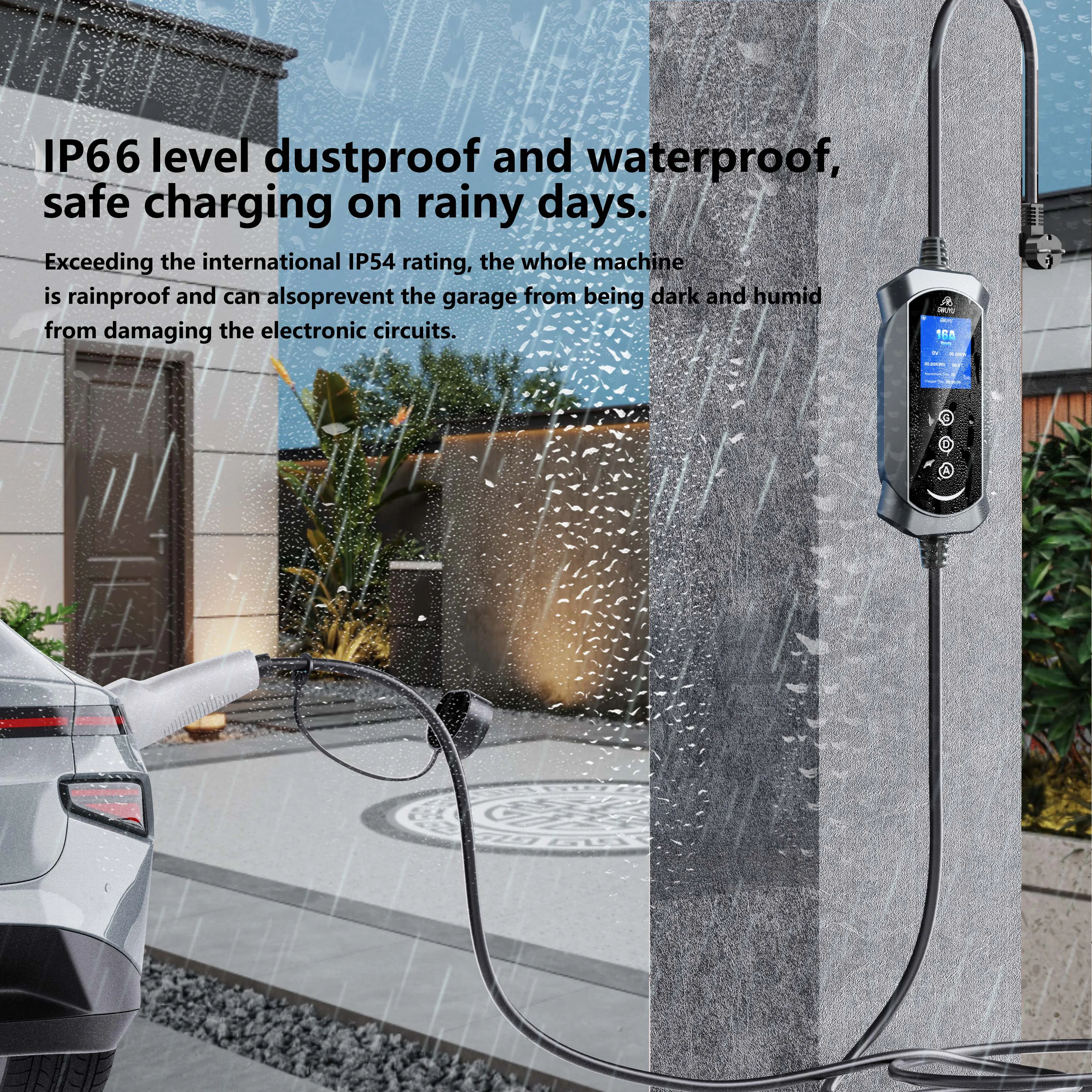 GWUYU Tragbares EV-Ladekabel 3,5KW Typ2 85V-264V Einstellbarer Strom 6-16A 3,5M IP66 Elektroauto-Ladegerät mit Tragetasche