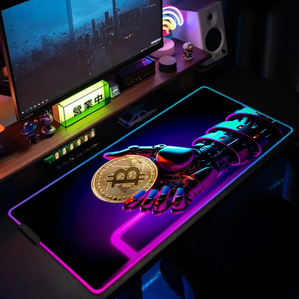 

Neon Bitcoin Mouse Pad XXL RGB Gaming Mouse Pad Gamer Accessories Large LED Light Mousepads PC Computer Desk Mat with Backlit