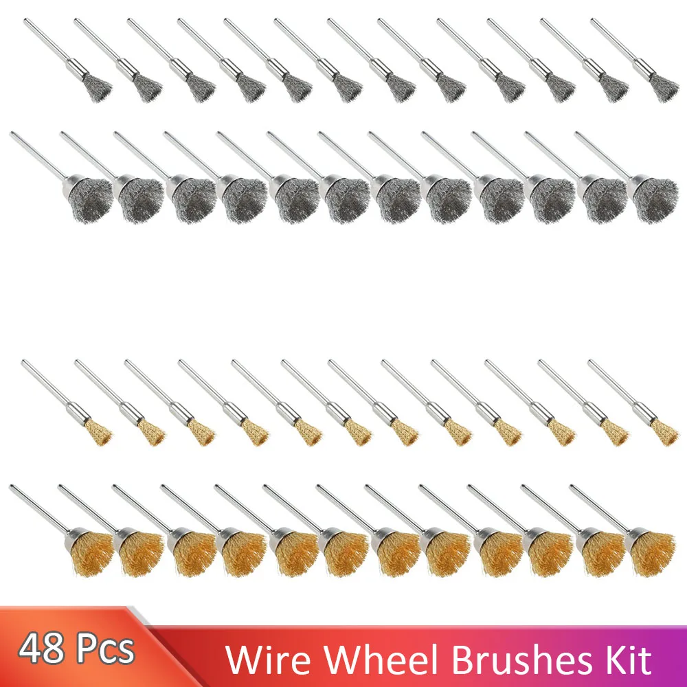 48 PCS Wire Wheel Brushes Kit Steel Wire Wheels Pen Brushes Set for Rotary Tools Polish Clean Tools for Metal Surface Cleaning