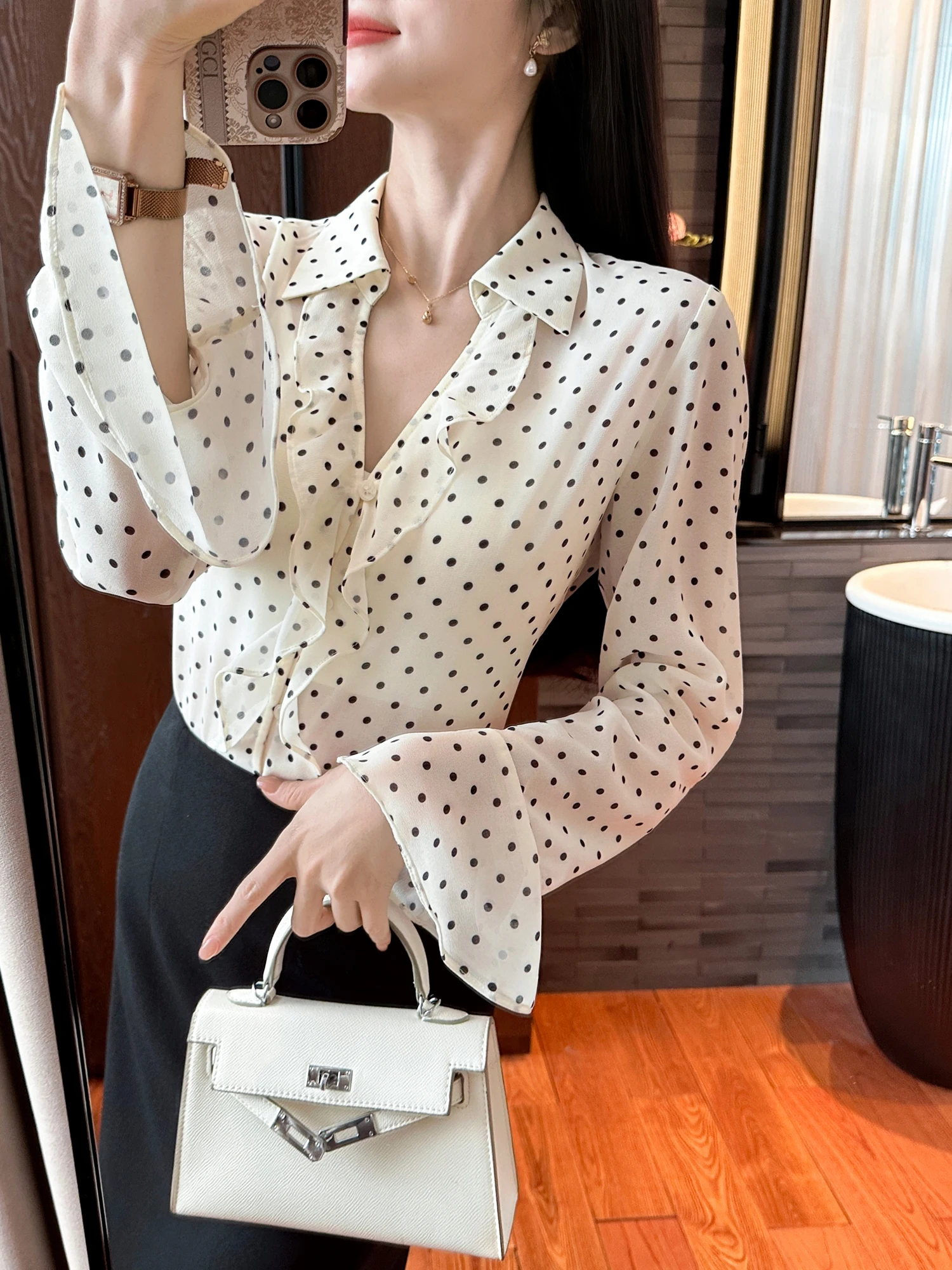 

Ele Polka Dot Blouse Women's Commute Sle Loose Fit Long Sve Button up irt Ladylike Chic Office Wear