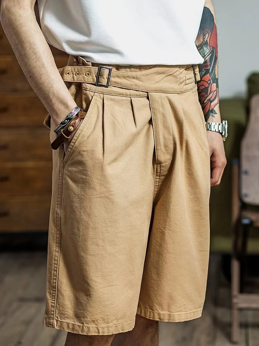 Vintage Gurkha Shorts Men Safari Style High Waist Buckle Button Knee Length Naples Pants Summer Casual Loose Shorts High Quality