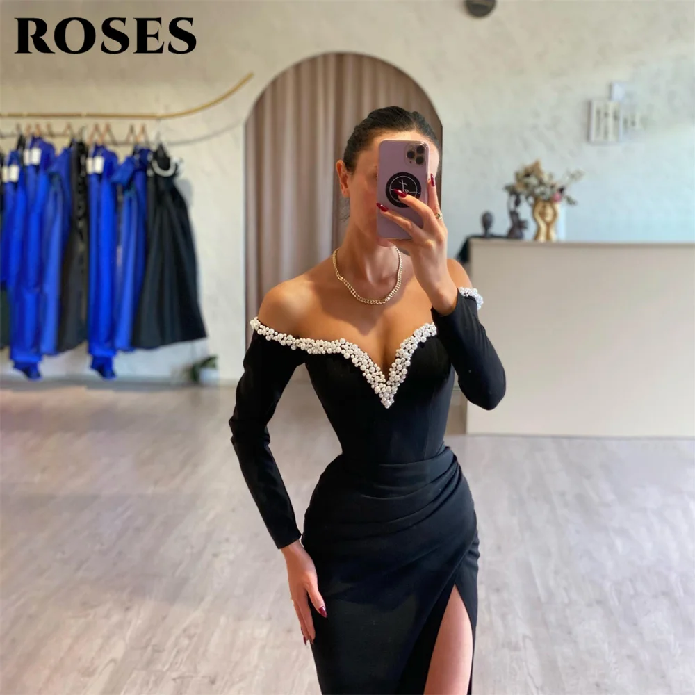 Rosas preto sereia vestido formal pérolas decote em v manga cheia vestido de festa para casamento lado split ocasião especial vestido robe soirée