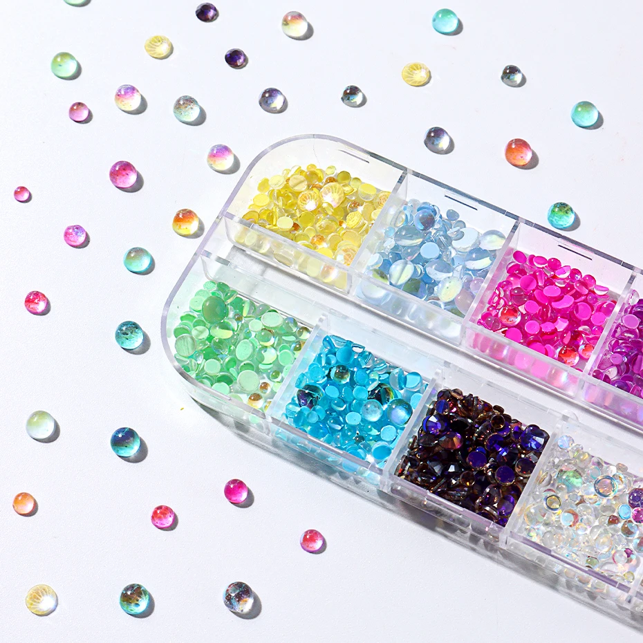 12 Grids Sparkly Mermaid Round Beads Nail Art Decorations Mixed Size Charm Acrylic Macaron Bubble Manicure Ornaments Accessories