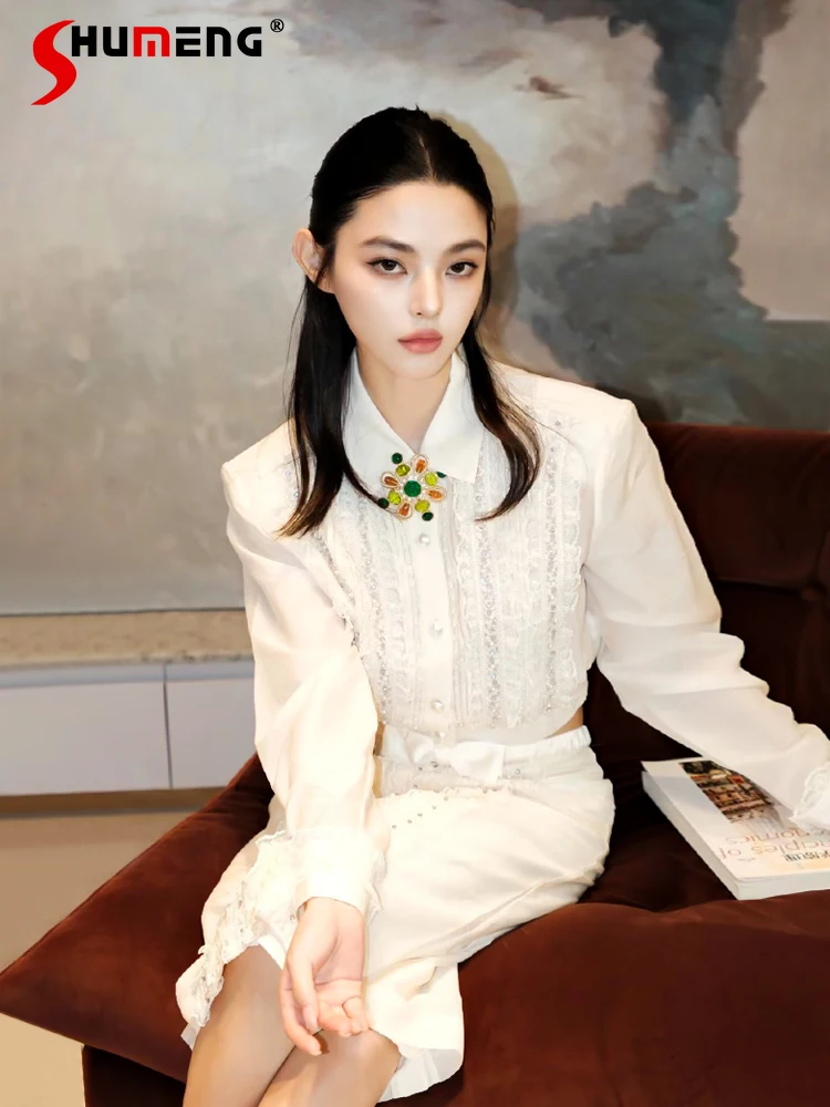 Women's 2024 Autumn Retro Bead Pleated High Waist Short Tops Rhinestone Buckle Long Sleeve Shirt White Skirt Women's Skirt Sets