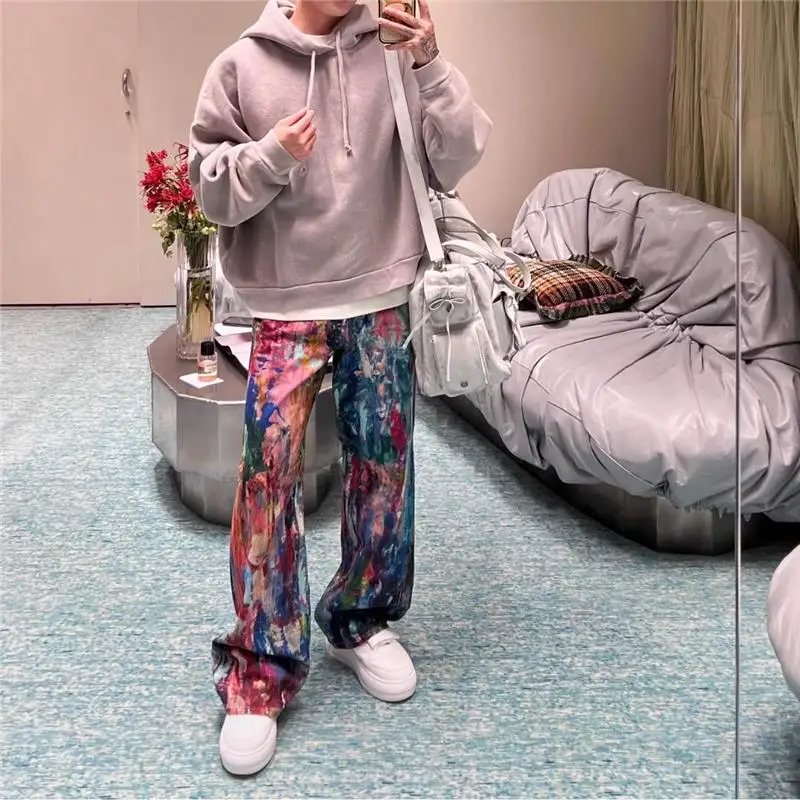 Nuevos pantalones vaqueros informales de pierna suelta 25ac para hombre, pantalones Ptte con estampado de pintura al óleo, pantalones largos de cintura baja elásticos altos