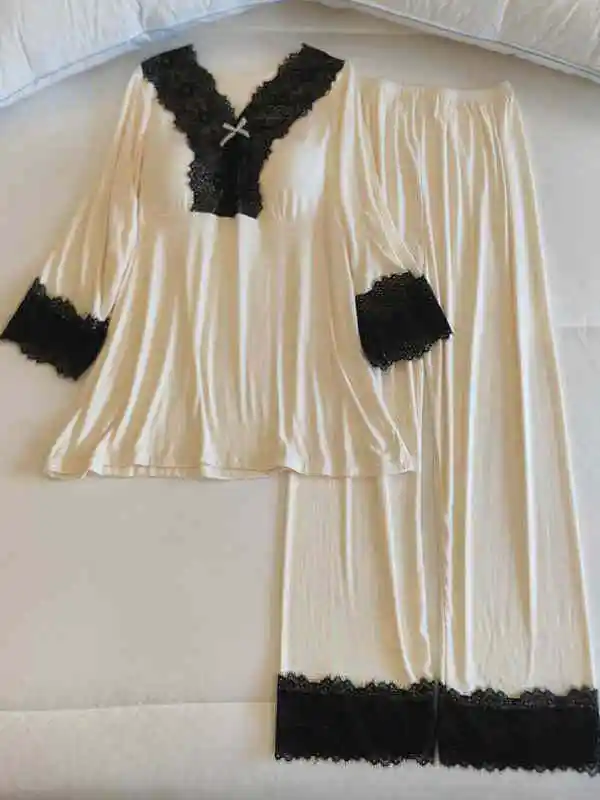 Sexy Modal Sleepwear Women's Thin Seven-Sleeve Lace Trim Home Clothes Two-Piece Set Spring Autumn Winter V-Neck Home Leisure