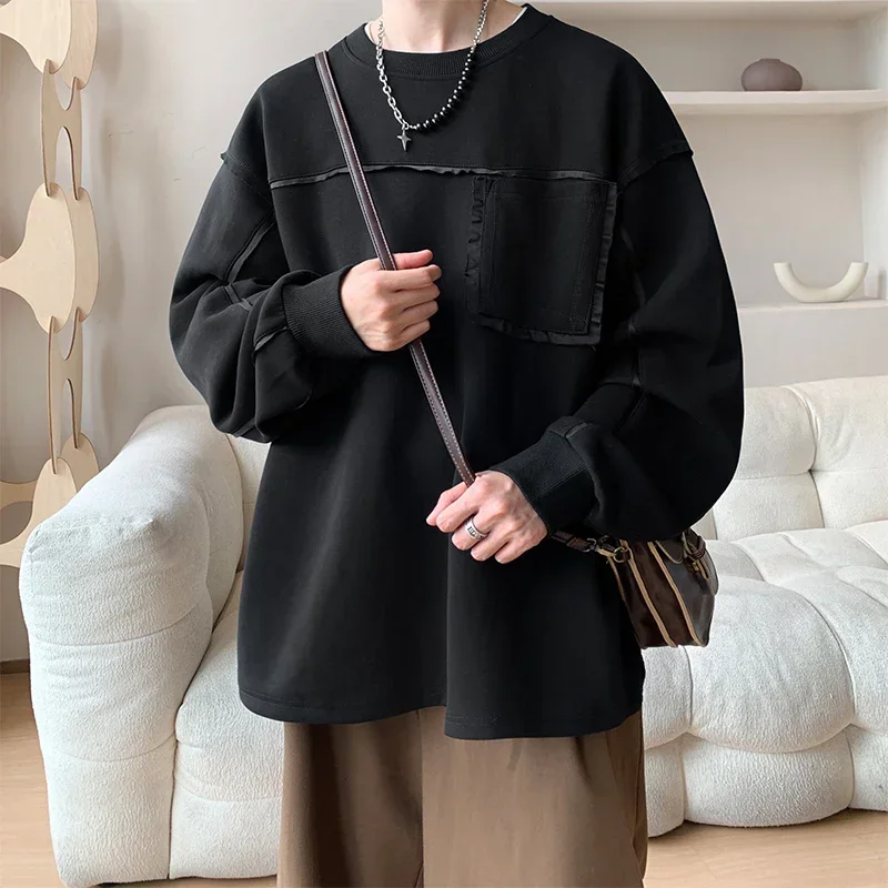 プラスサイズの男性用パーカー春と秋の長袖シャツティーンエイジャー向けのアメリカのトレンディなブランドルーズベースレイヤーポケットトップTシャツ