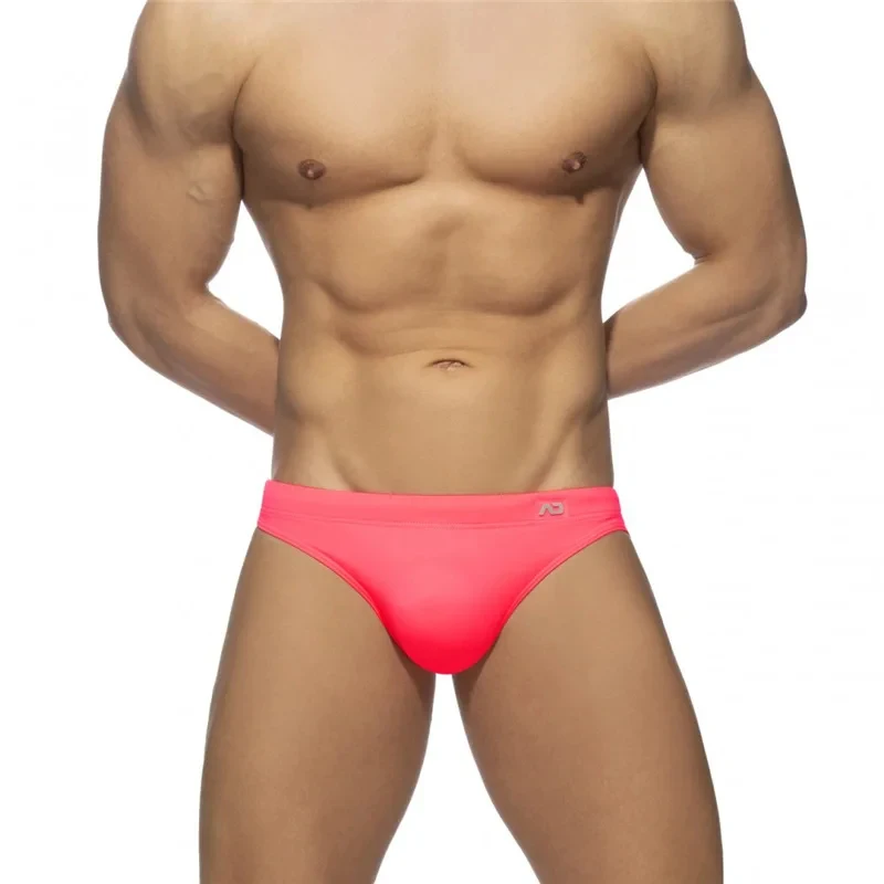 swimming trunks men's low waist bikini briefs Solid color nylon swimming trunks cup anti-embarrassment beach pants tether